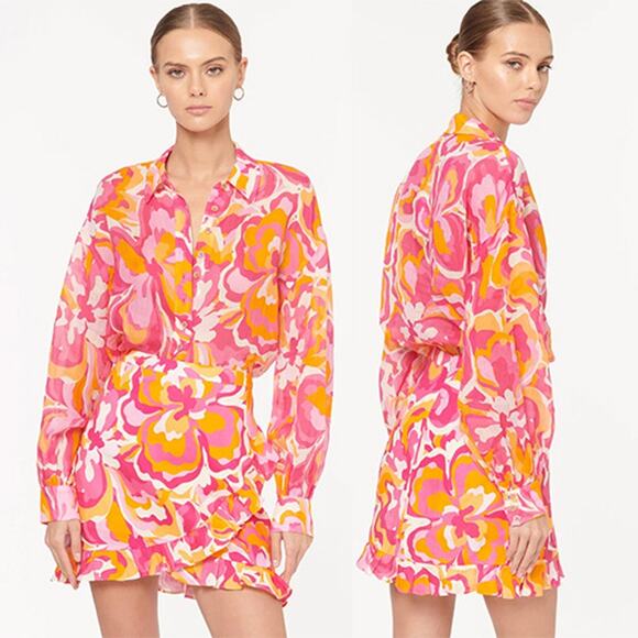 NWT Cami Nyc Mika Ruffled Lined Retro Floral Pink and Orange Mini Skirt - Picture 8 of 8